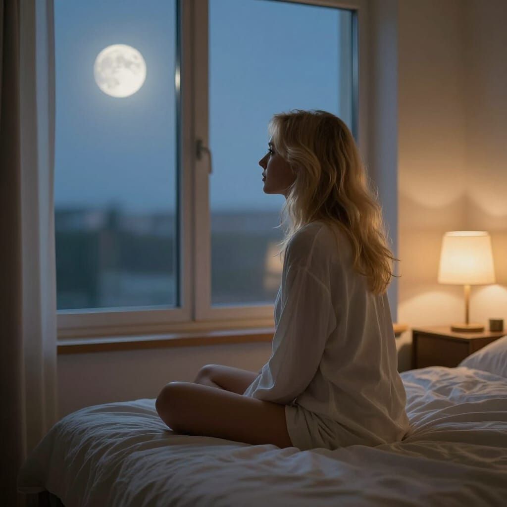 Woman Contemplating Moonlight in Serene Bedroom