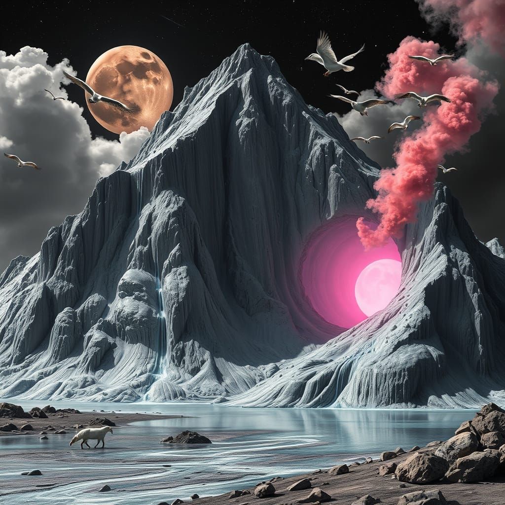 Surreal Landscape with Iridescent Mountain and Dreamlike Por...