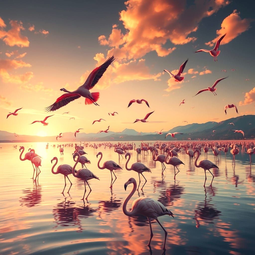 Pink Flamingos at Sunset: Digital Matte Painting