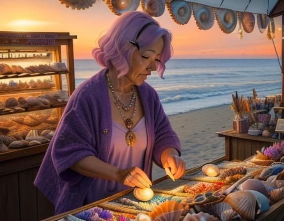Seashell Craft Booth at Sunset in Cinematic Style
