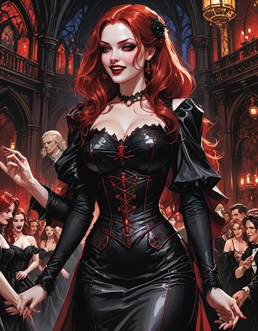 Happy Redhead Vampire Dancing in Gothic Party