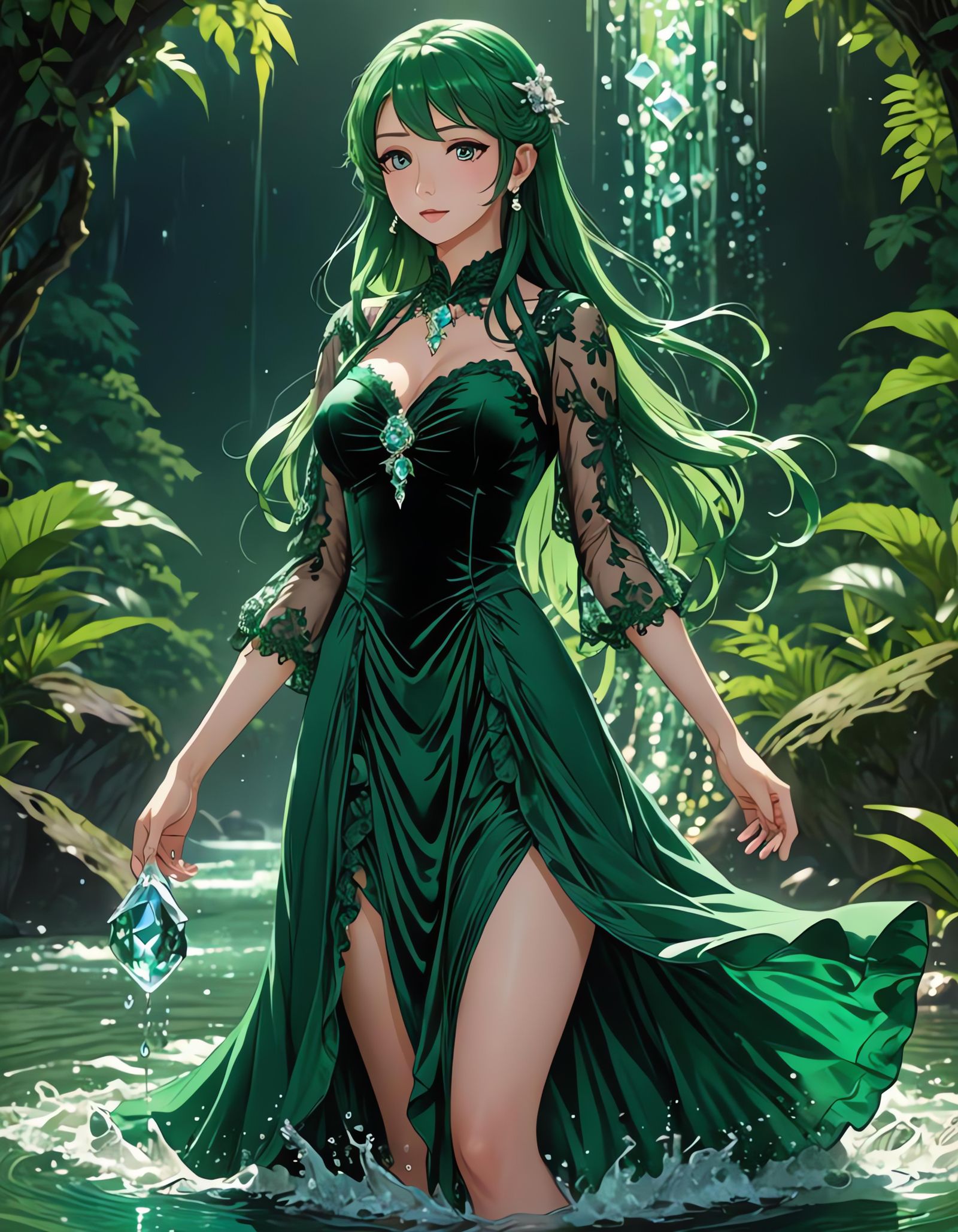 Green Velvet Dress in Anime Style