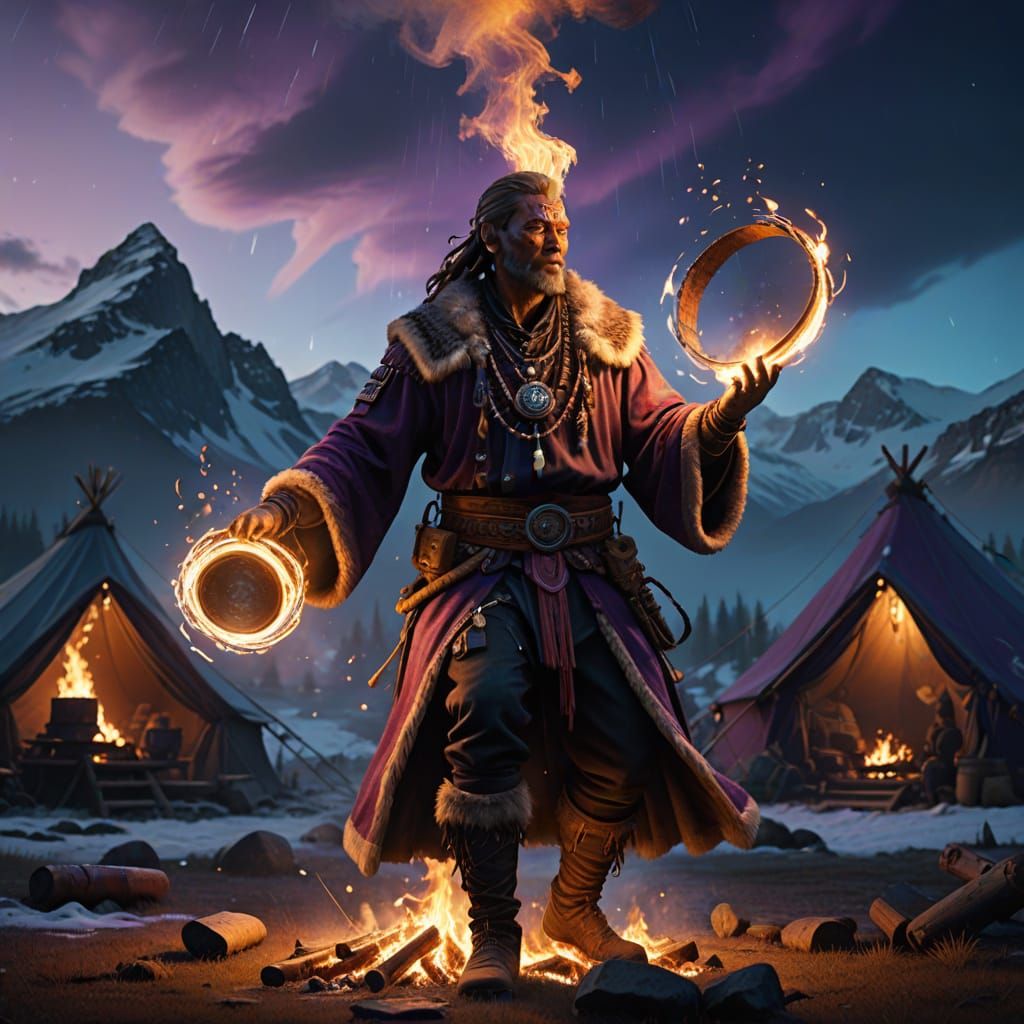 Squat Shaman in Fur Attire Dances by Golden Fire