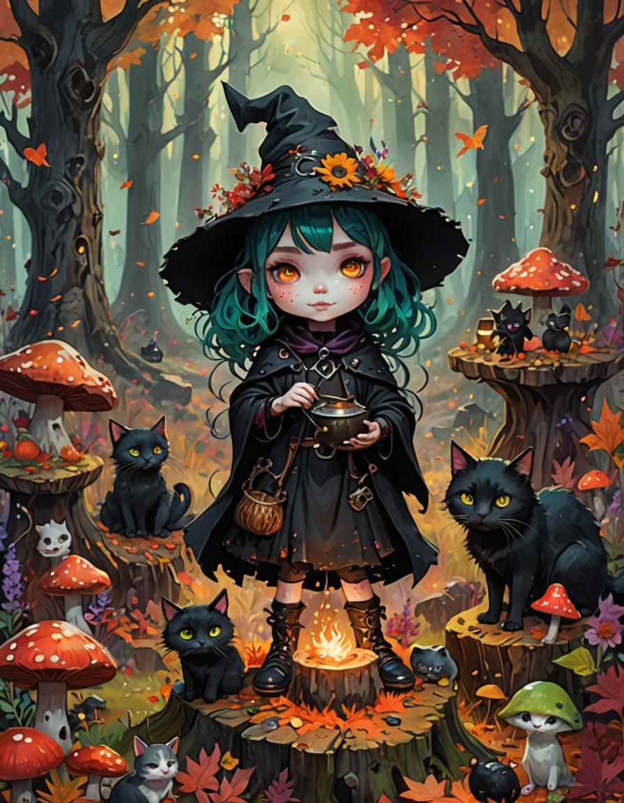 Mystical Girl Witch in Autumnal Forest Painting
