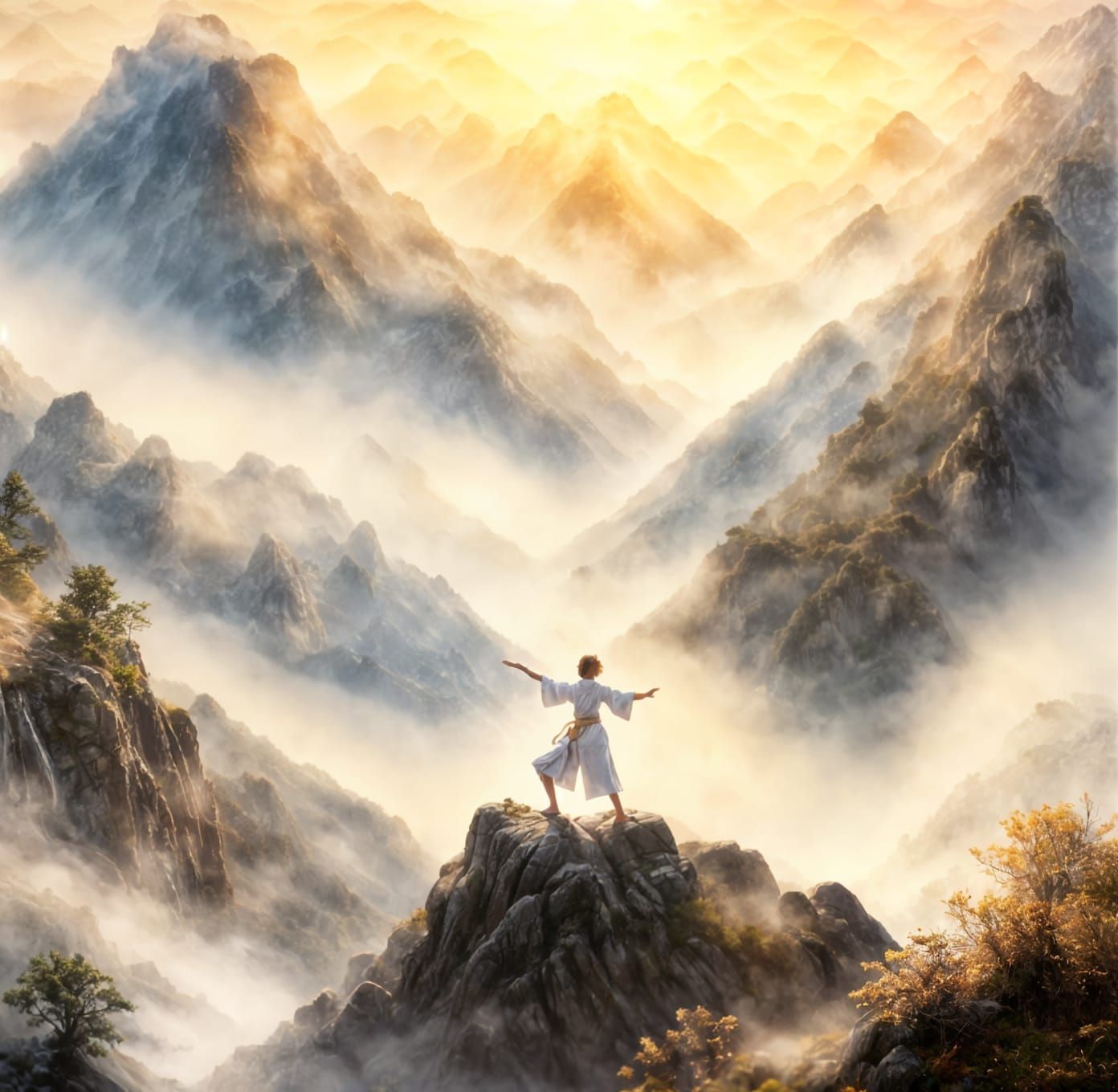 Ethereal Karate Master in Golden Hour Mist