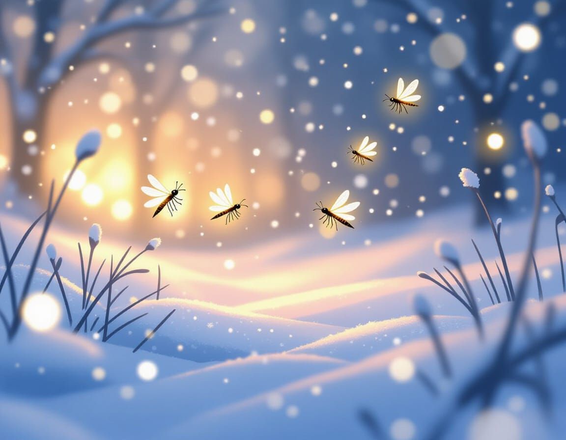 Fireflies Dancing in Winter Snowscape: Ethereal Digital Art