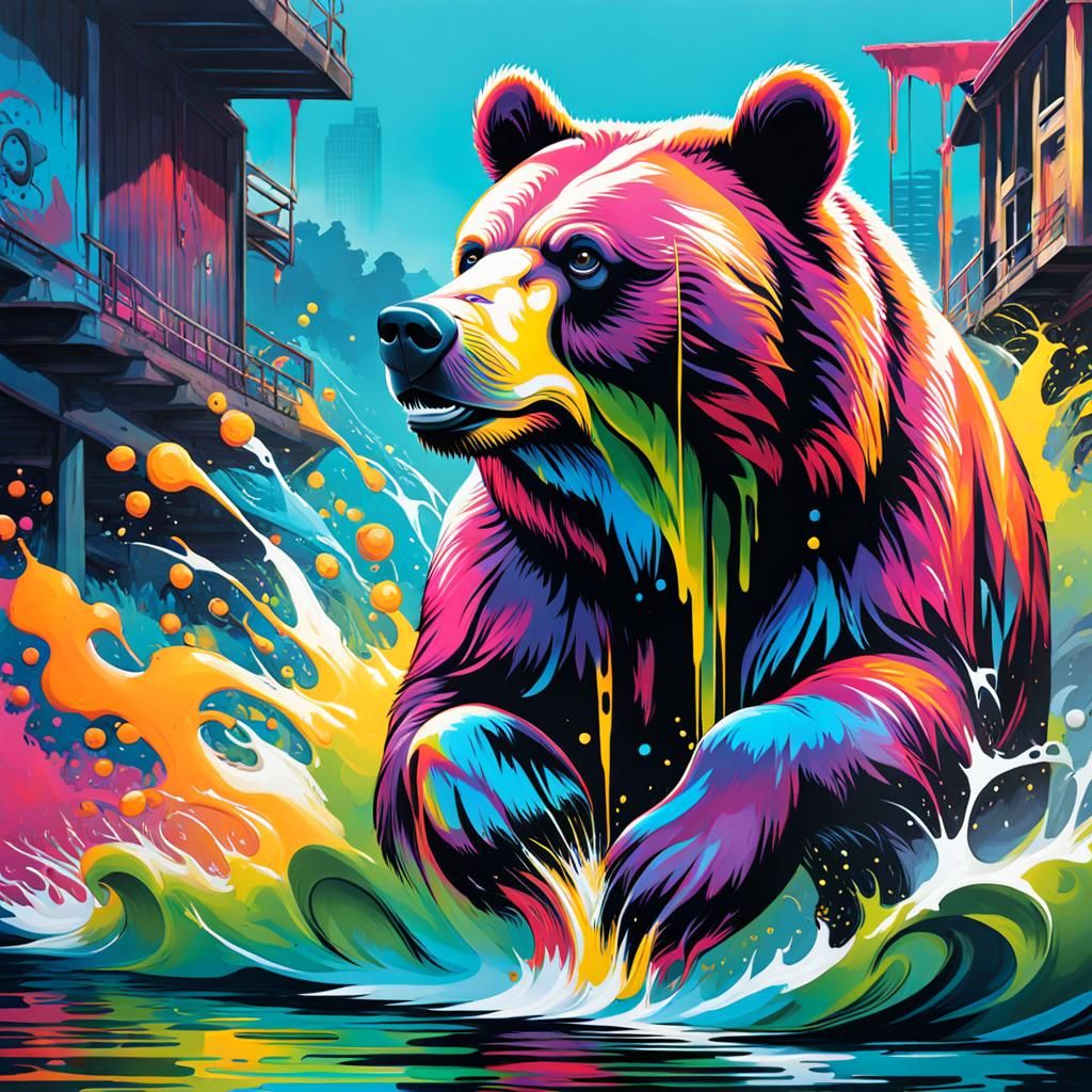 Graffiti Art: Bear Catching Salmon in River
