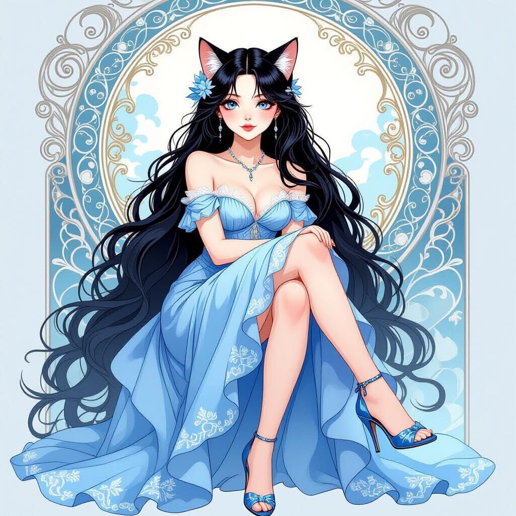 Elegant Cat with Raven Hair in Art Nouveau Style