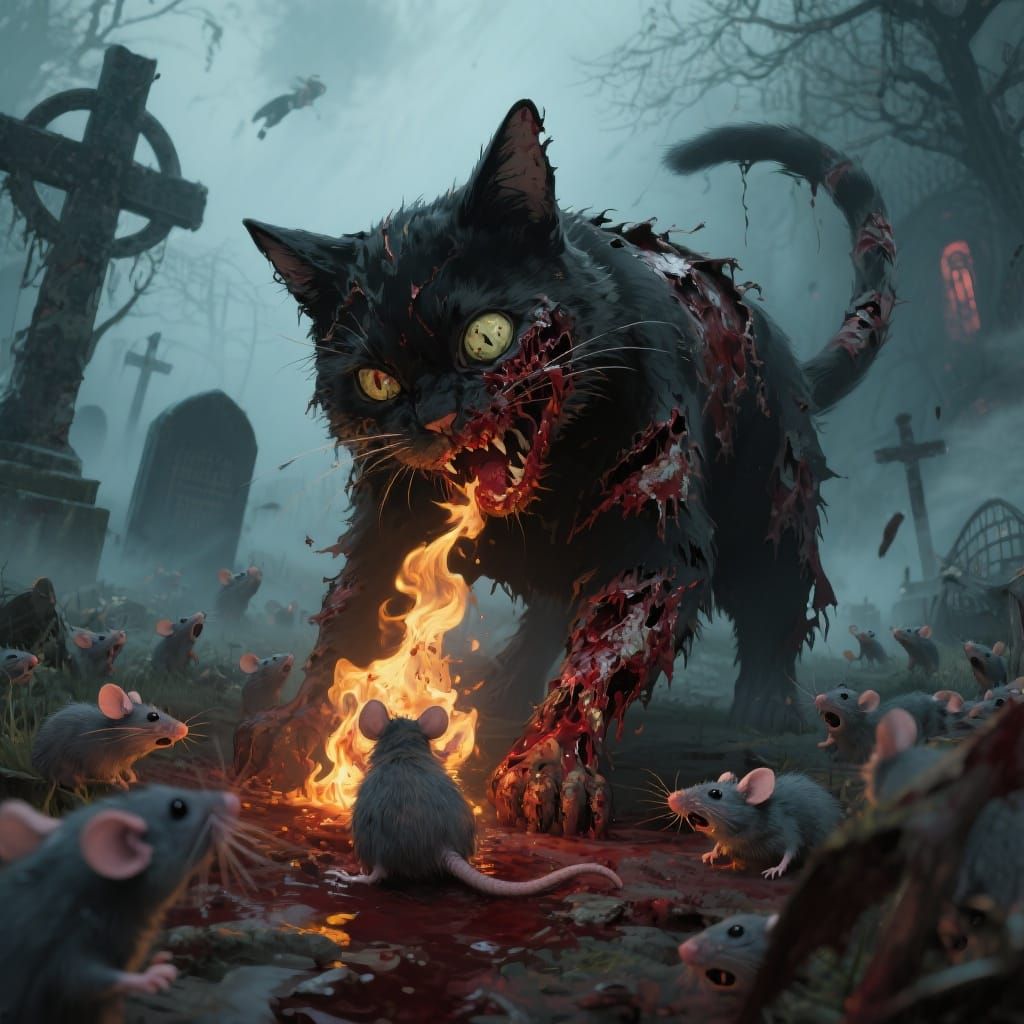 Zombie Cat Devouring Rat in Graveyard, Horror Style