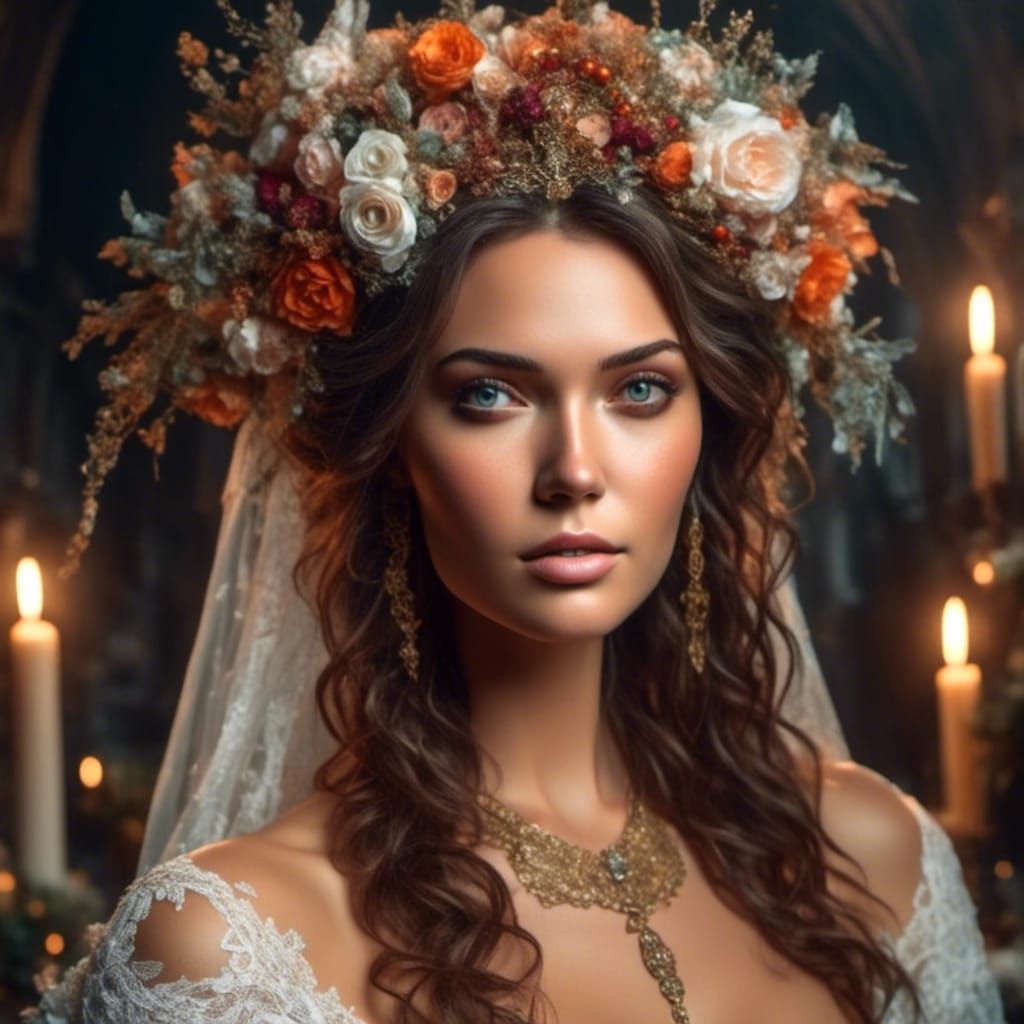 Elegant Bridal Portrait with Flowers in Matte Painting Style