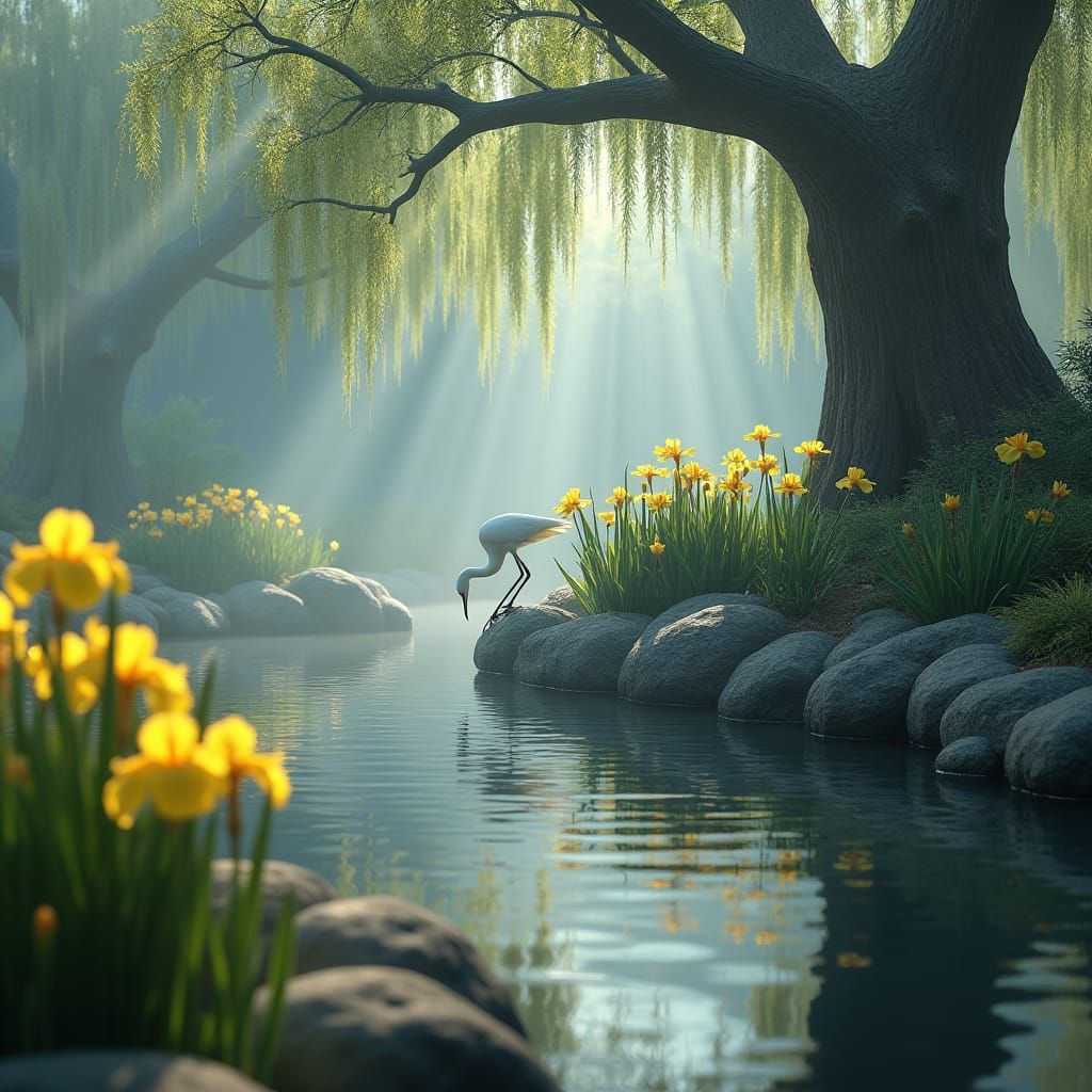 Ethereal Pond Scene with Irises and Egret
