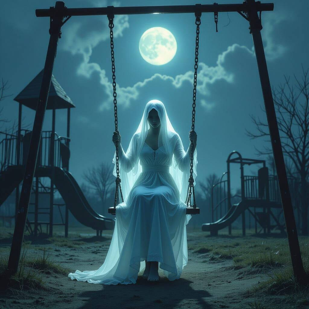 Spectral Figure on Swing in Moonlight Gothic Playground