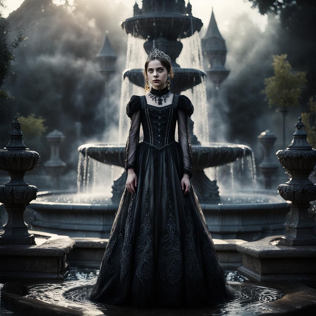 Gothic Princess Beside a Misty Fountain