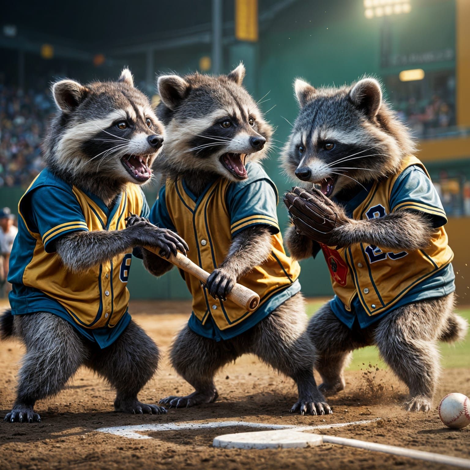 Hyperrealistic Raccoons Play Serious Baseball