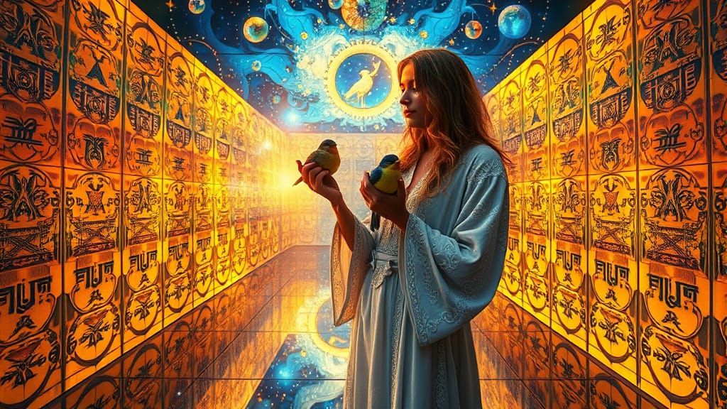 Surreal Cosmic Scene with Hippie and Infinity Mirrored Room