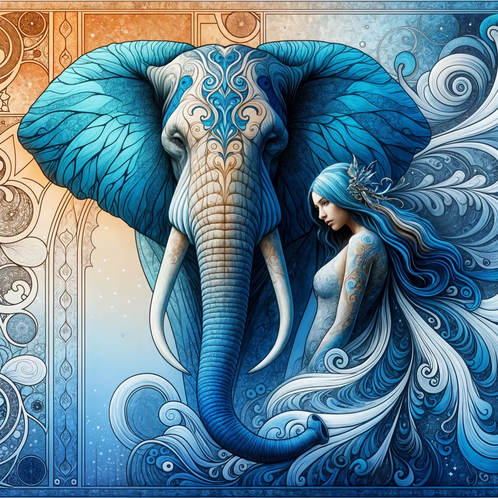 Elephant and Woman in Art Nouveau Style