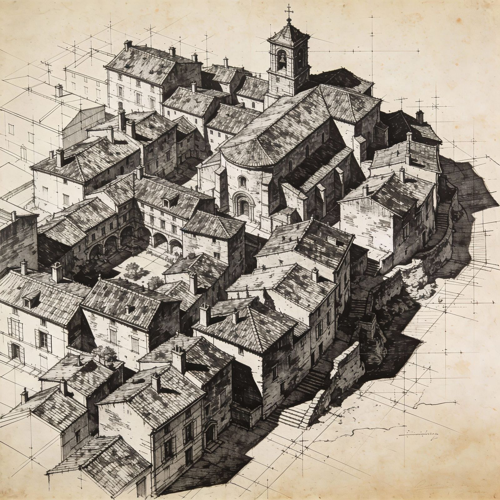 Vezins-de-Levezou Architectural Sketch in Black Ink