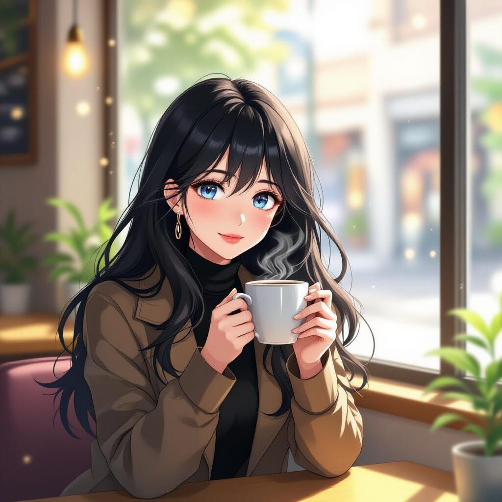 Stunning Anime Woman Enjoys Coffee by Sunlit Window