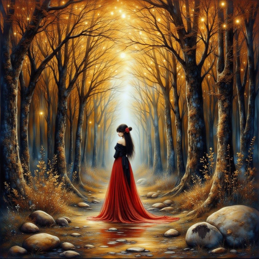 Mystic Forest with Rune Trees and Fairy, Watercolor Style