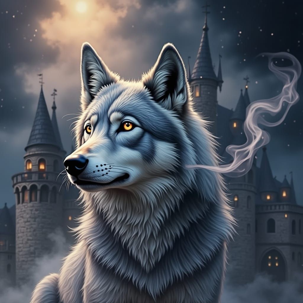 Ethereal Wolf Emerges from Dark Castle in Swirling Smoke