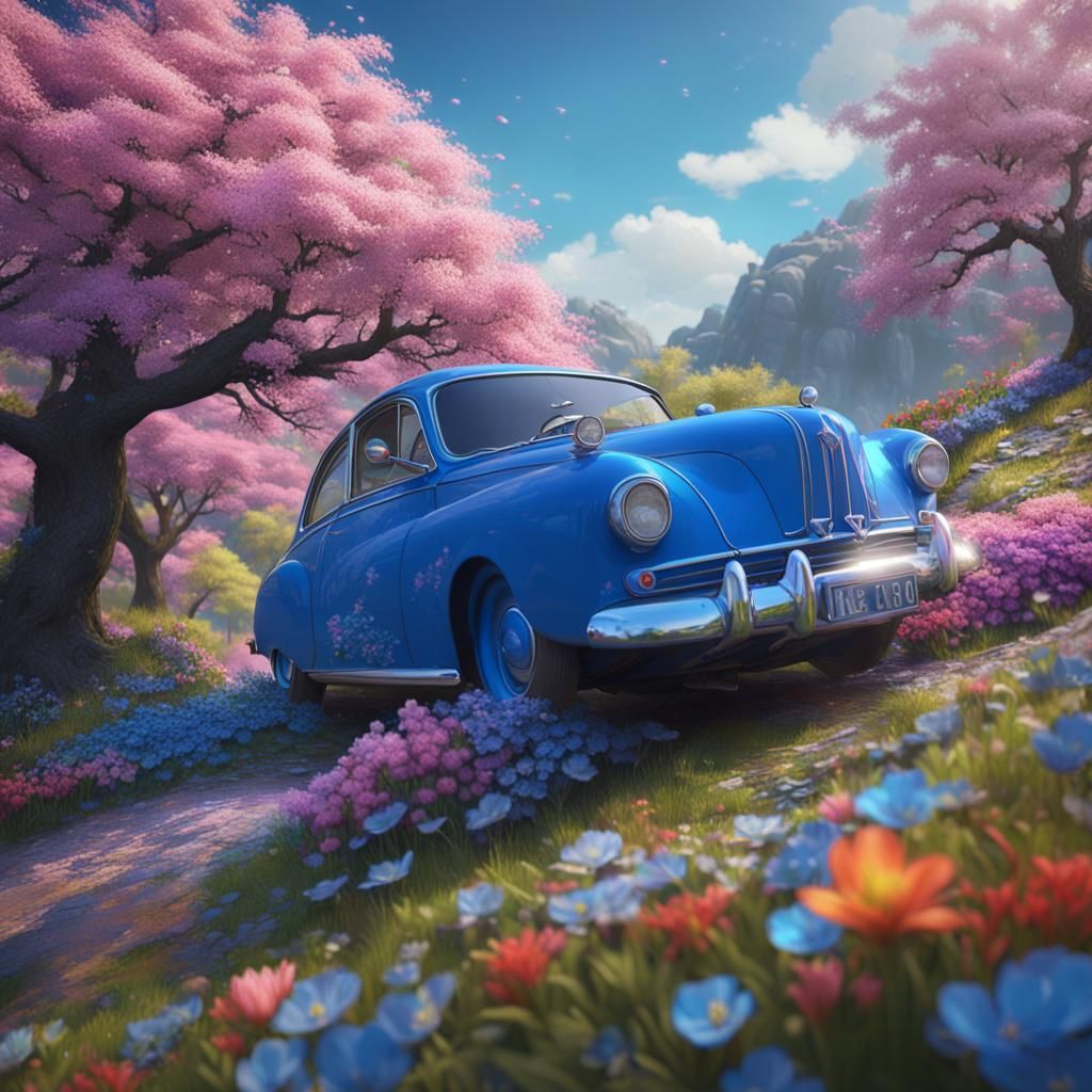 Blue Car in Spring Landscape, Matte Painting Style