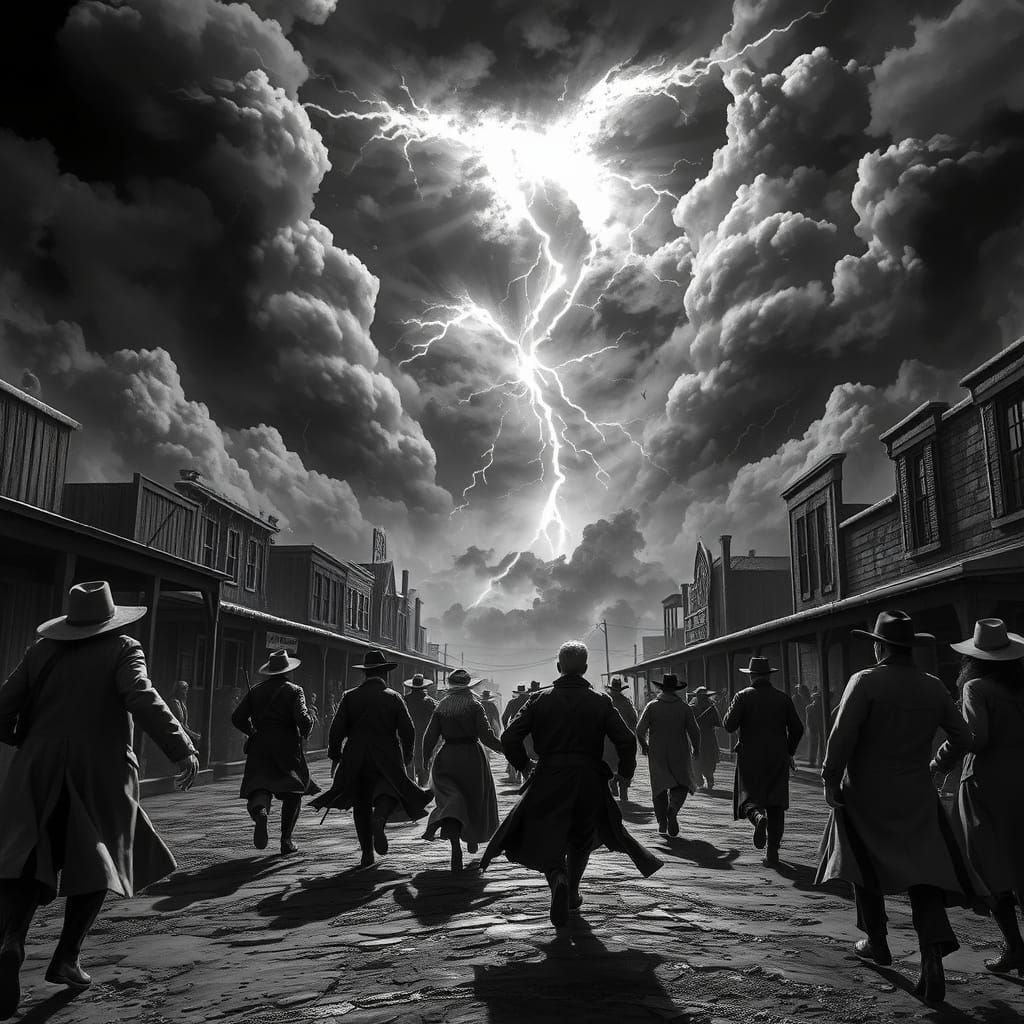 Western Town in Storm with Dramatic 3D Rendering