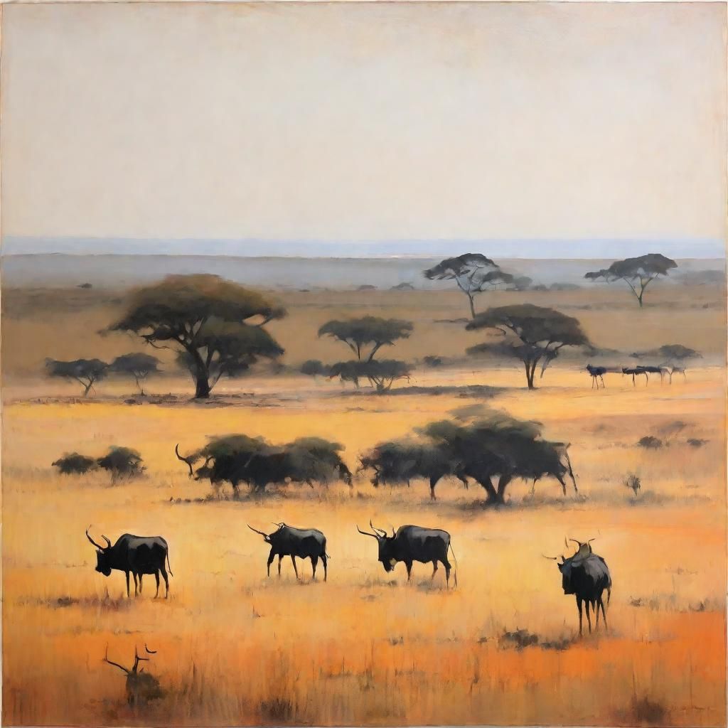 Minimalist Savannah Landscape with Feeding Gnus