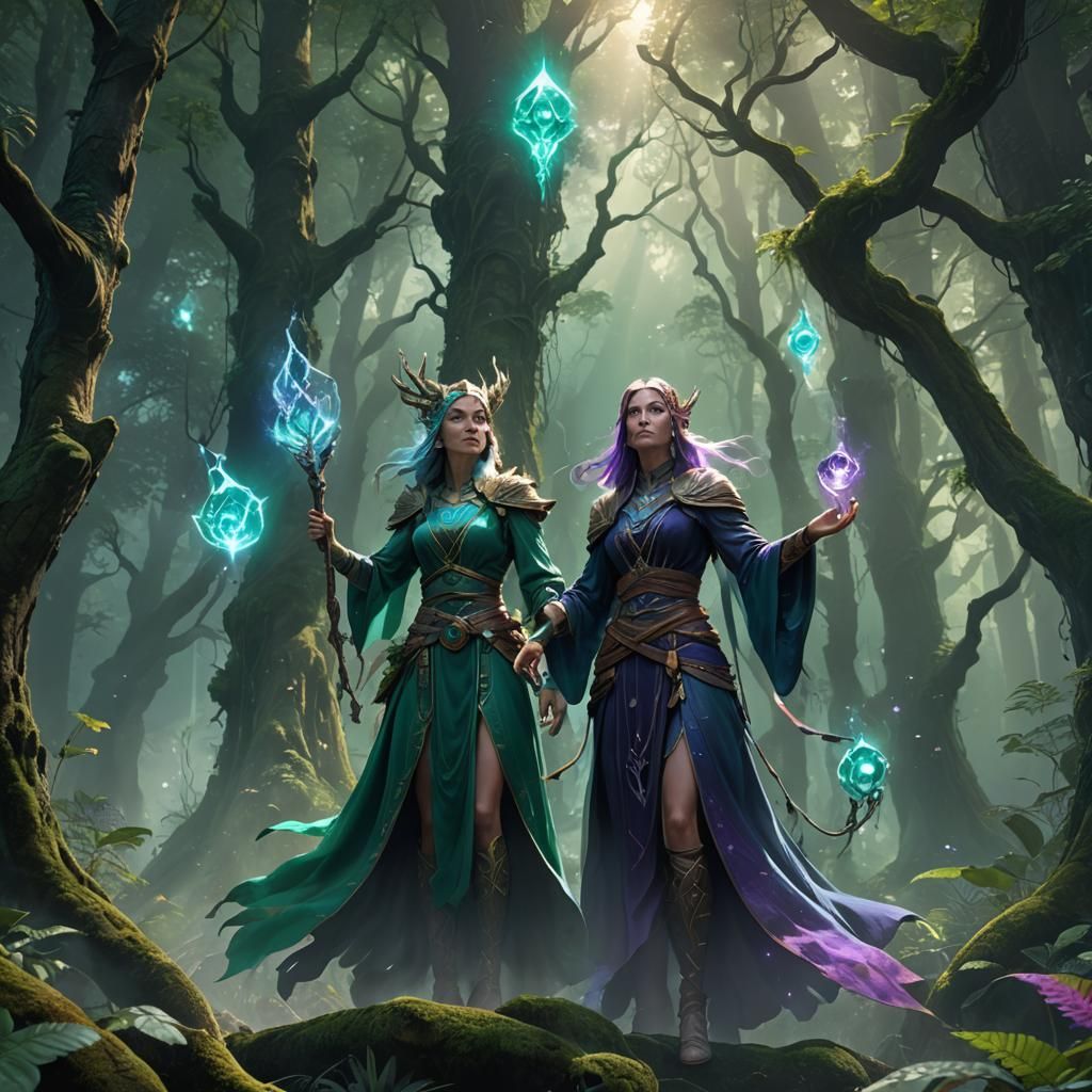 Mystical Sorceress Summons Elements in Fantasy Forest