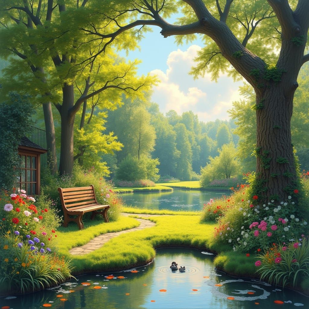 Summer Garden Scene in Impressionist Style