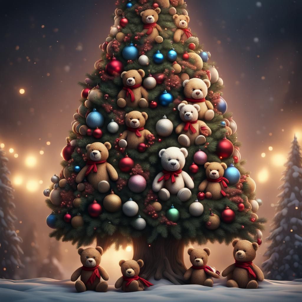Teddy Bear Christmas Tree: Detailed Fantasy Art
