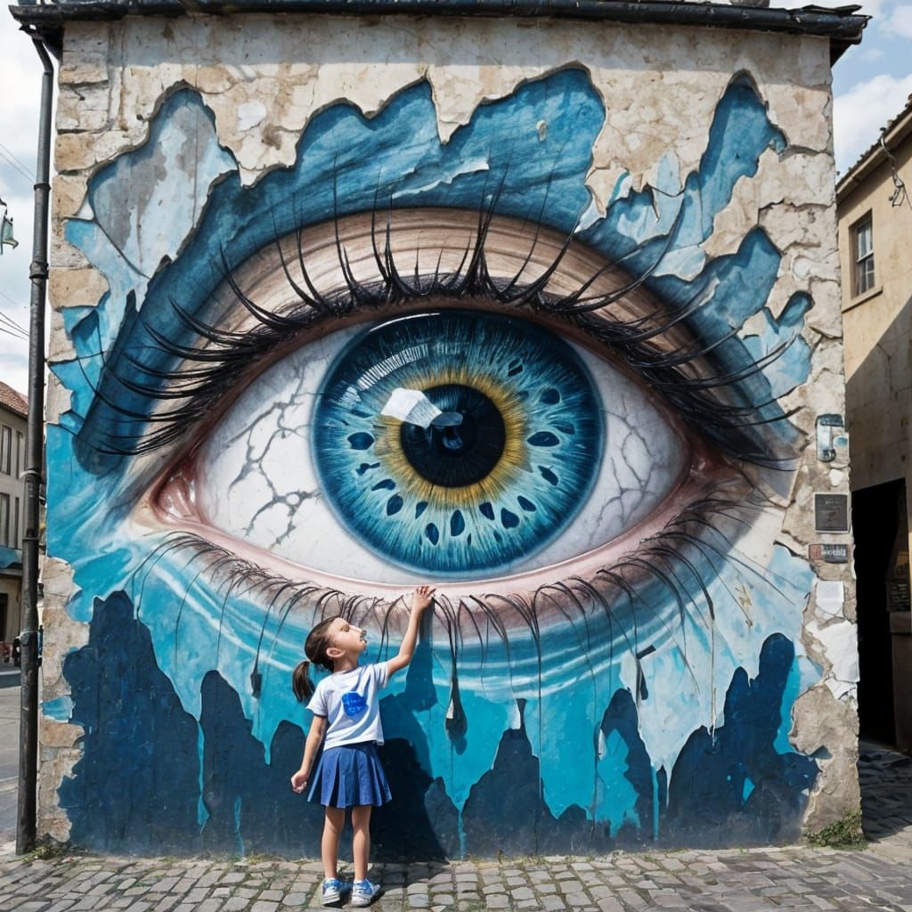Surreal Street Scene with a Tearful Mural Eye