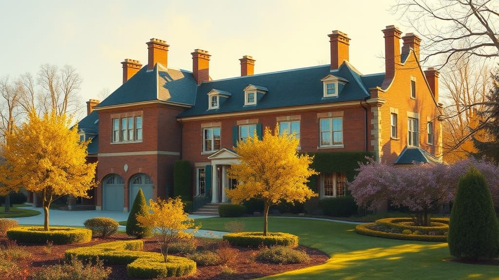 Grand Chateau in Golden Light with Spring Garden