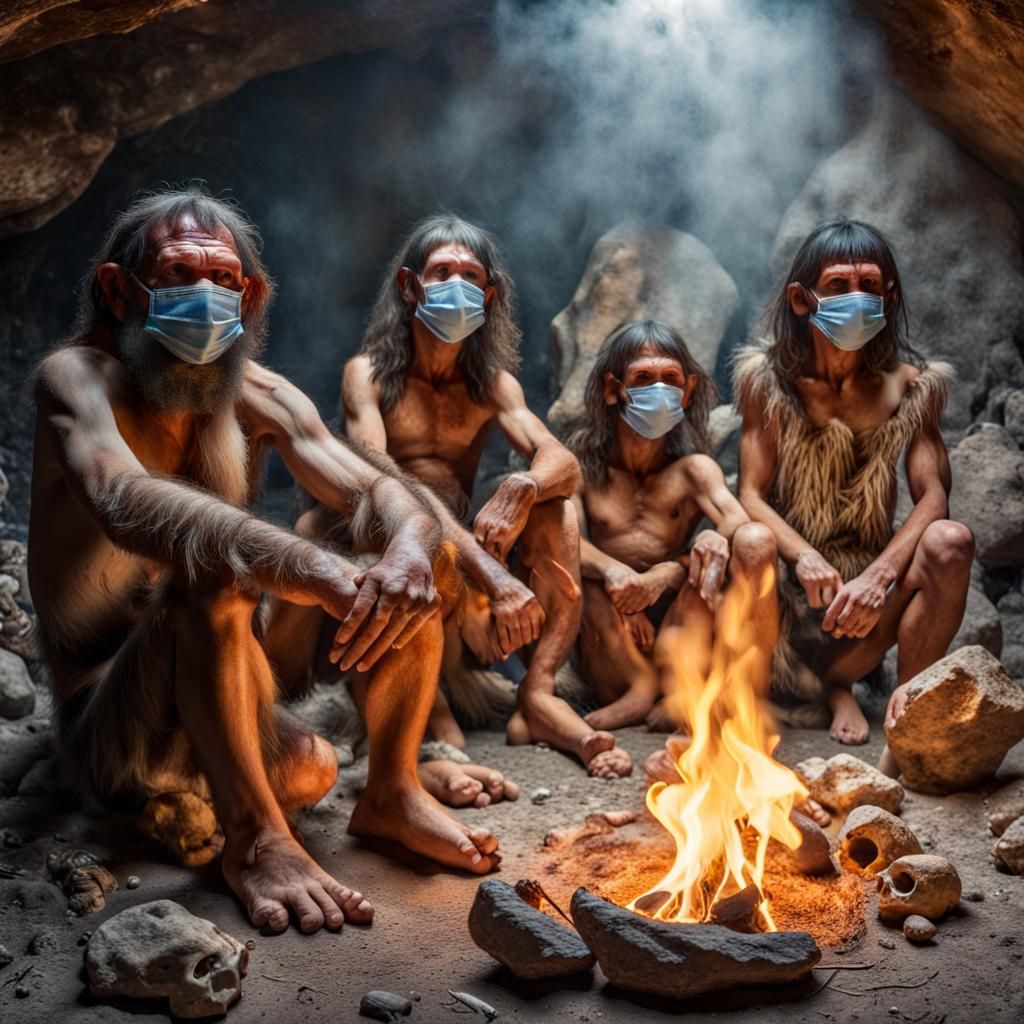 Neanderthal Family in Cave Wearing Covid Face Masks