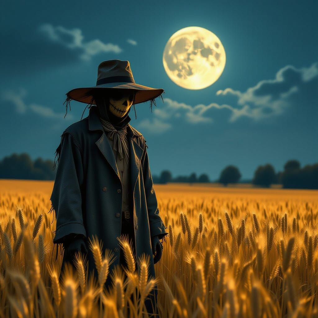 Creepy Scarecrow in Wheat Field Under Full Moon