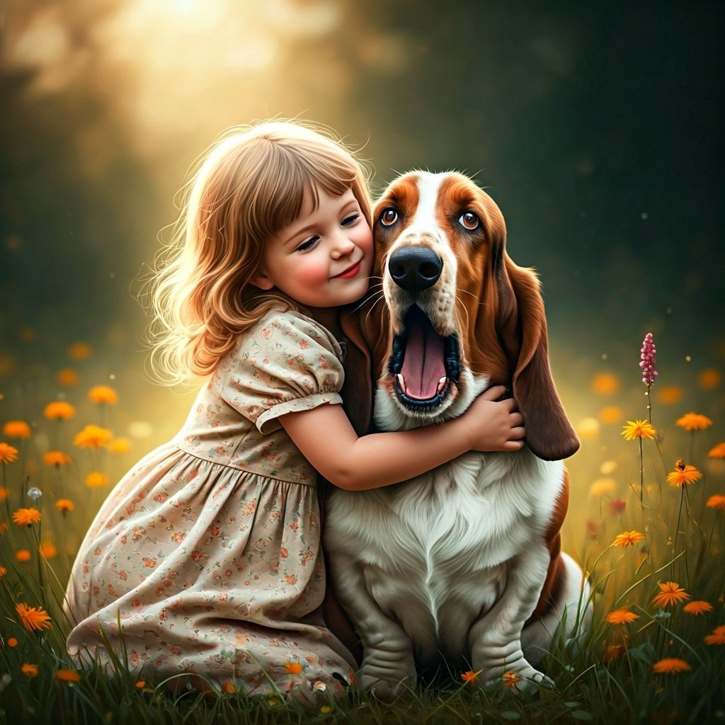 Girl and Basset Hound in Wildflower Meadow