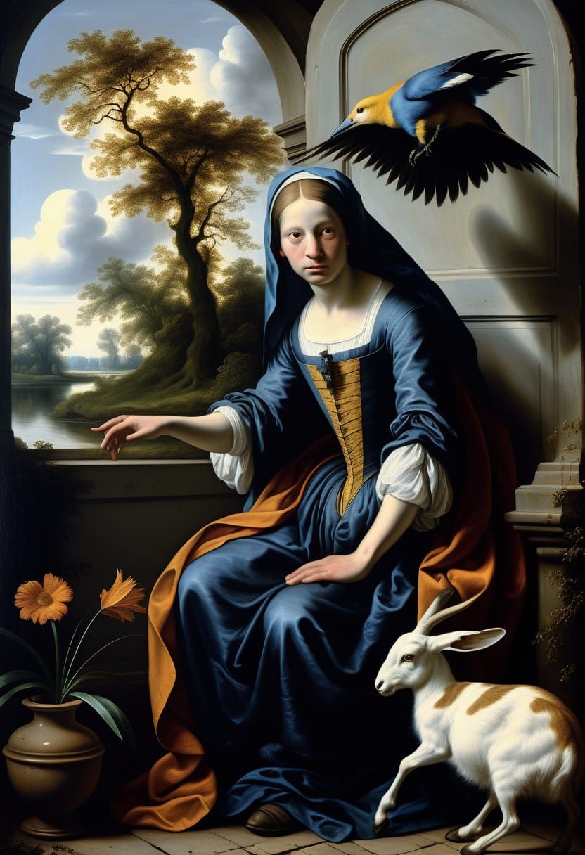 Surrealistic Heavenly Realm with Exaggerated Anatomy and Gol...