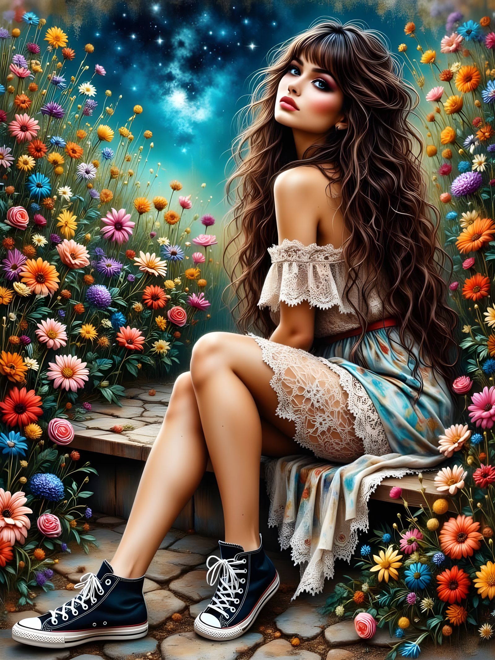Create a whimsical grunge scene with a naturally <lora:Beautiful women:0.5> beautiful young bohemian woman in a colorful...
