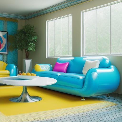 Retro Futuristic Living Room in Vibrant Pop Art Style