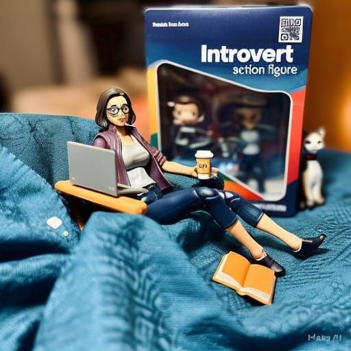 Nerdy Woman Action Figure Relaxing with Coffee and Cat