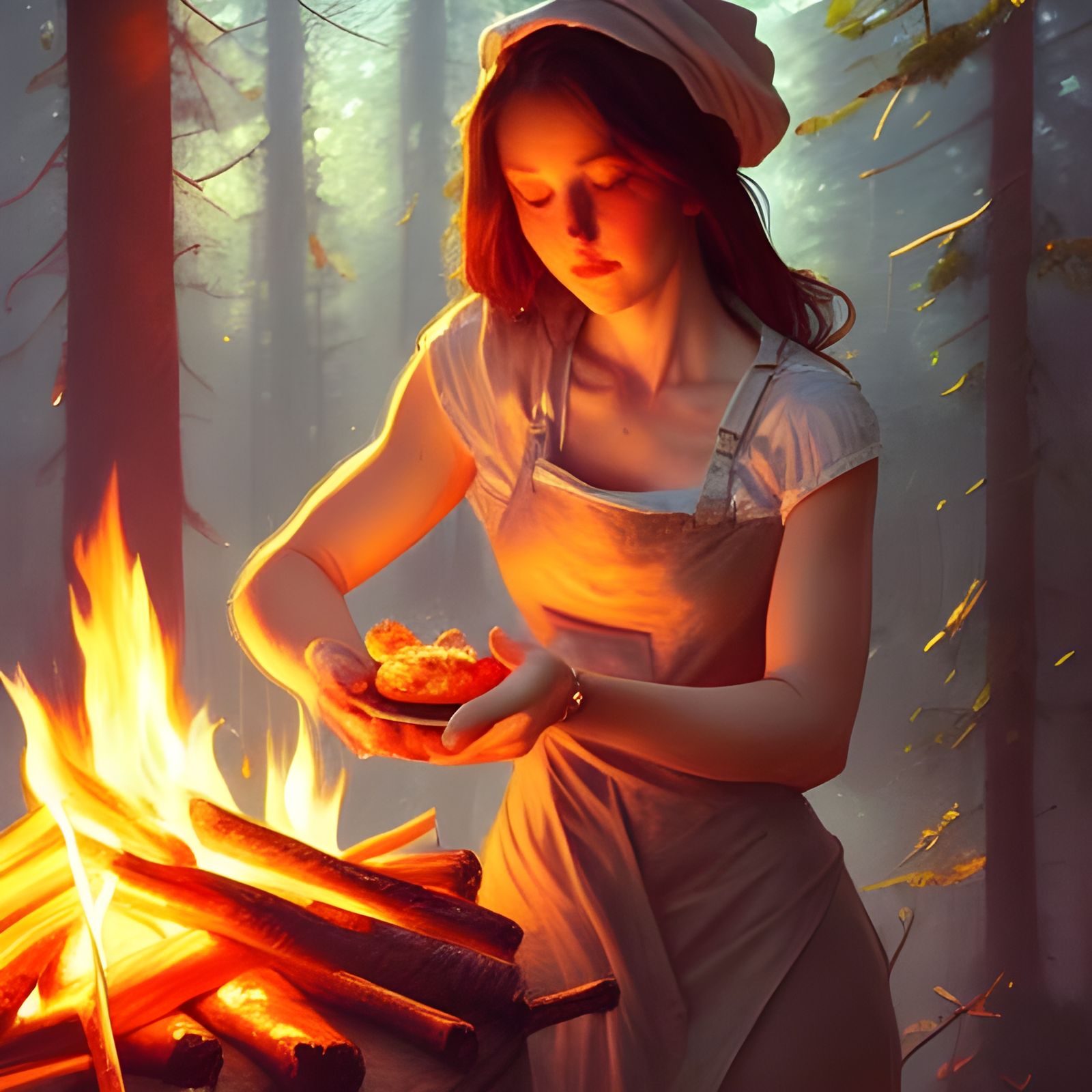 Woman Cooking Over Campfire: Hyperdetailed Forest Portrait