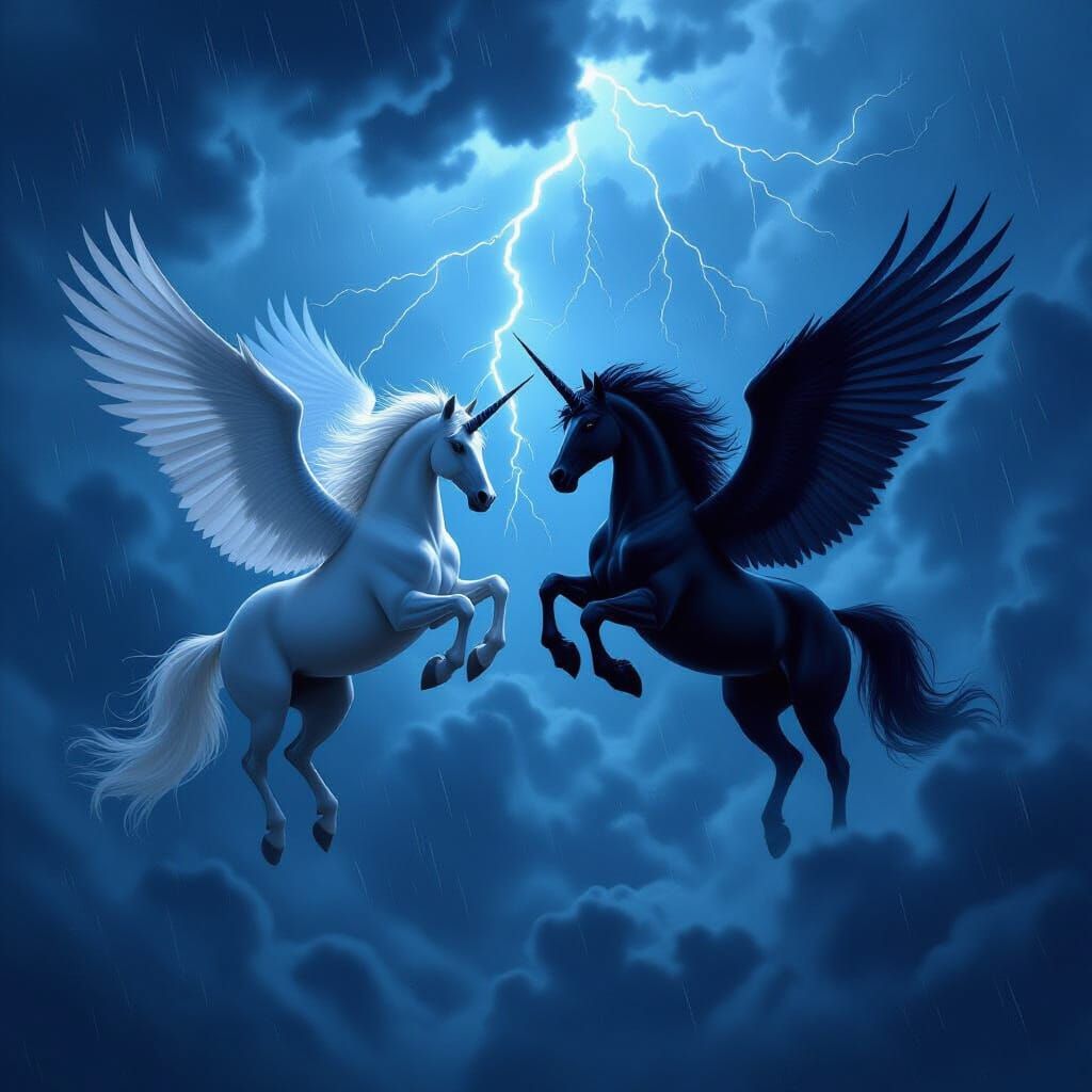 Mythical Battle: Pegasus vs. Unicorn in Storm