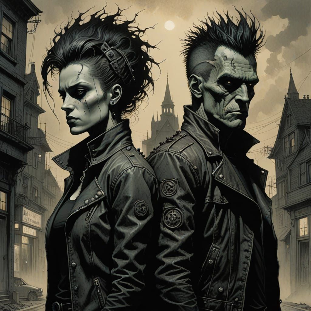 Frankenstein Girl with Punk Werewolf Teen in Gothic American...