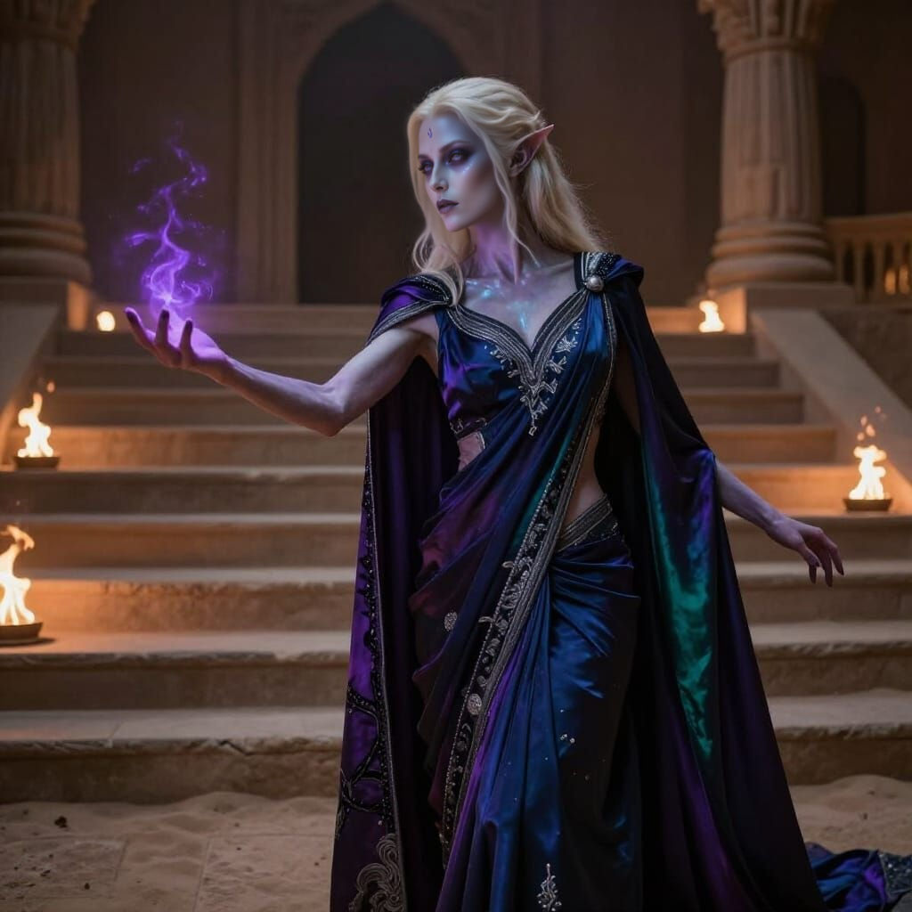 Dark Fae Queen on Sandstone Stairs in Gothic Steampunk Palac...