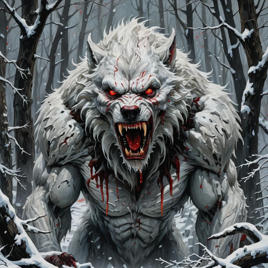 Eerie Winter Werewolf in Snowy Forest, Oil Painting