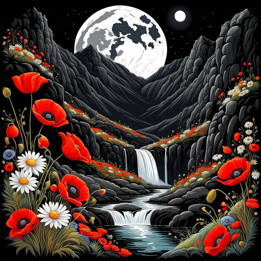 Cliffside Tent Under Silver Moon in Palekh Style