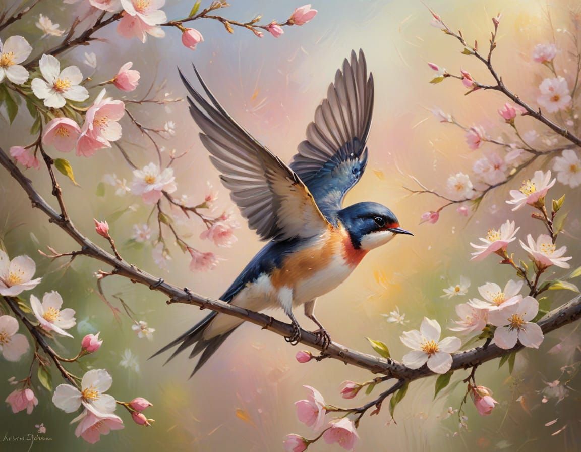 Swallow in Impressionist Apple Blossom Dreamscape