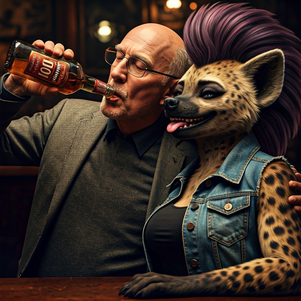 Elderly Man and Hyena Enjoying Drinks