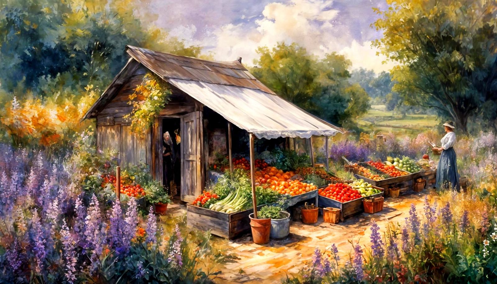 Siamese Cat at Farmstand in Watercolor Style