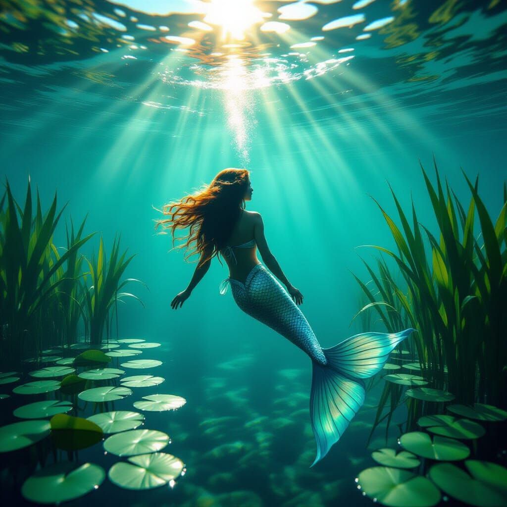 Mermaid Swimming in Crystal Lake, Cinematic Style