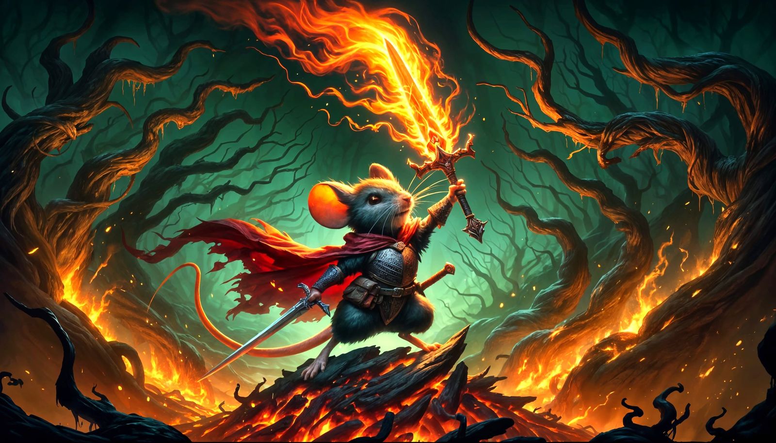 Mouse Warrior with Flaming Sword in Dark Forest